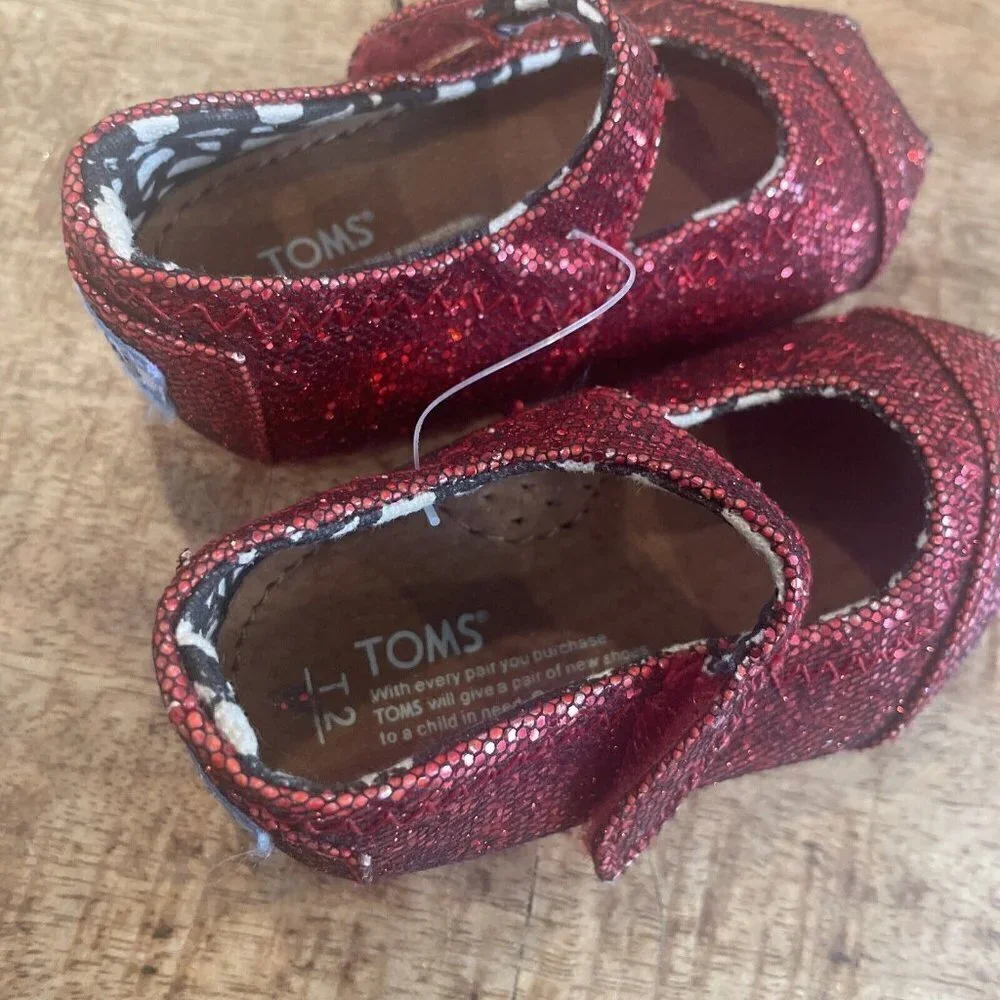 Toms Red Sparkle Mary Jane Shoes Slip On Hard Soles Formal Toddler Baby Size 2